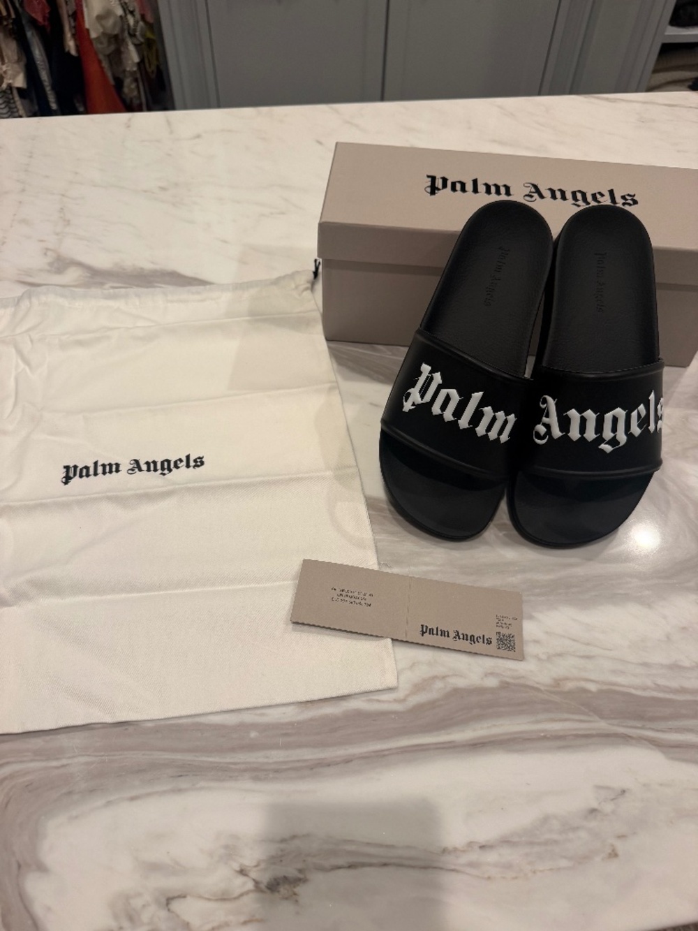 Palm Angels Classic Logo Black Pool Slides Size 40 w/ Box & Dust Bag